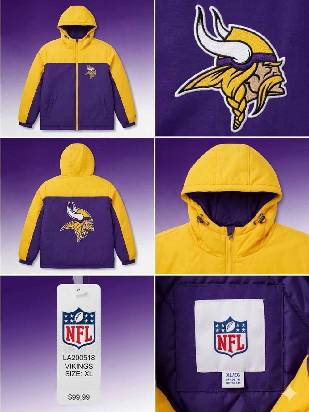 NFL Minnesota Vikings Hooded Colorblock Jacket - Purple & Yellow